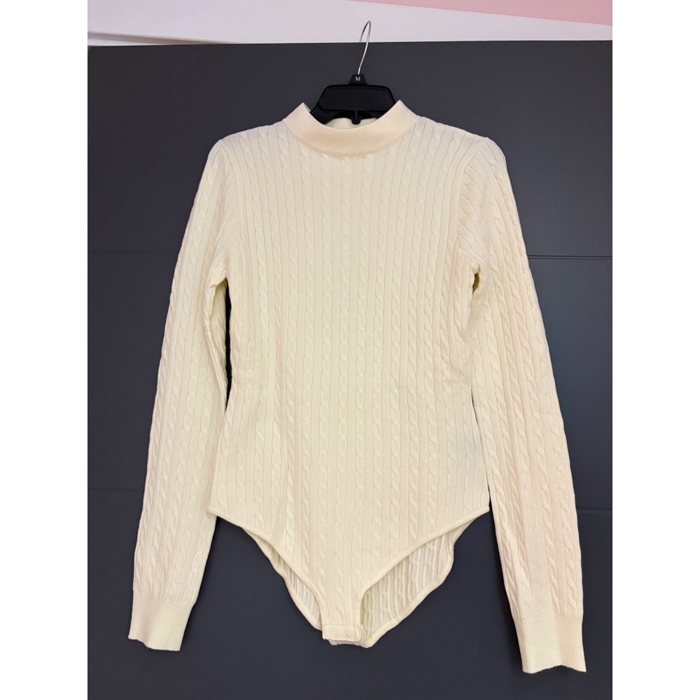 POL Women Cream Cable Knit Mock Neck Long Sleeve Bodysuit YST183 Medium